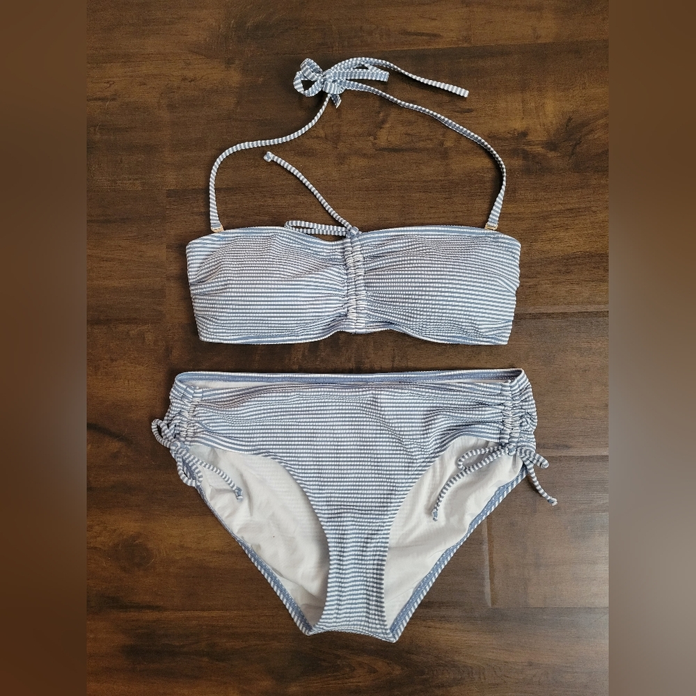 NWT LOFT Beach Striped Seersucker Side Tie Shirred Bikini Poolside Blue M/L